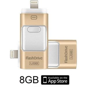 DrPhone Flashdrive 8 GB USB Stick 3 in 1 Flashdrive - OTG USB 3.0 + Micro USB + lightning iPhone - Android - Tablet Opslag - Goud