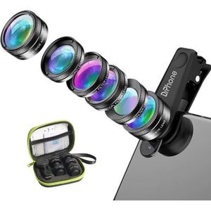 DrPhone APEX 6 in 1 Telefoon Camera Lens Set – Fish Eye Lens – Super Groothoek Lens – Macro Lens – Star Filter Lens – Zwart