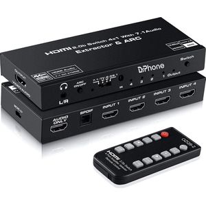 DrPhone ARC8 - 4K@60Hz HDMI 2.0b Switch & ARC/SPDIF - 4x1 met 5.1 / 7.1 Audio Extractor Atmos / DTS / Dolby 7.1CH/ Optisch 5.1 Kanaal/3.5mm Audio Out