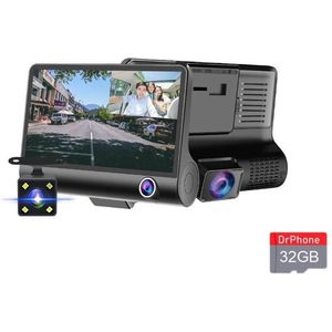 DrPhone DASH2 - DashCam Video CarDVR – Nachtzicht -  3 Lens HD Camera & Video – 5 Mega Pixels – G-Sensor – 4inch HD Display – Achteraanzicht - HD Opneem Functie + 32GB Micro SD kaart