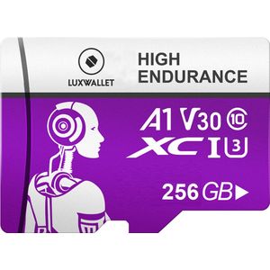 LUXWALLET® XC U3 - 256 GB Micro SD Kaart - TF Klasse 10 - High Endurance - Snelle Gegevensoverdracht - Paars