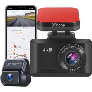 DrPhone D07 – 4K Dash Cam – 170 Graden – Full HD Dashcamera - Met Achteruit Rij Camera– 2.4 Inch – Met Nachtzicht – Zwart