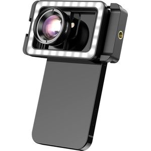 DrPhone Apex X Flash – 100MM Macro Lens Met Verlichting – 3 Helderheid Niveaus – Met Stabiele Clip – HD Macro-Lens Voor Telefoon & Tablet - Zwart