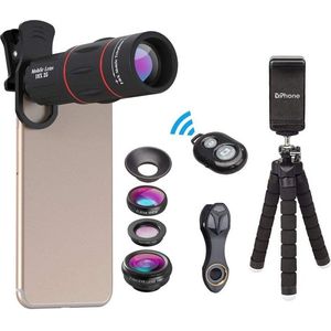 DrPhone APEX2 T18X - 2 in 1 Telefoon Camera Lens Set – 18x Zoom Lens – Fish Eye Lens – Groothoek Lens – Macro Lens – Statief – Zwart