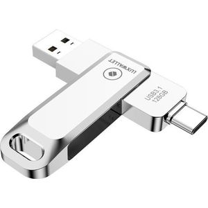 LUXWALLET PD8 USB Stick 128GB USB-C Type-C 3.1- USB 3.0 Flash Drive - OTG –360 Graden Roteerbaar – Zilver