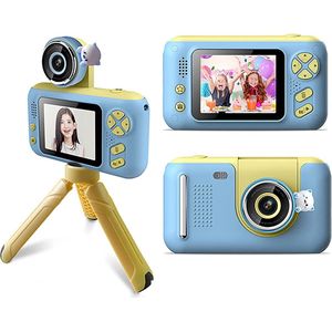DrPhone PiXEL6 – KinderCamera 2.4 Inch LCD – 180° Flip Lens – Inclusief 8GB Micro SD + Statief – Digitale Foto- & Videocamera voor Kinderen – Blauw/Geel