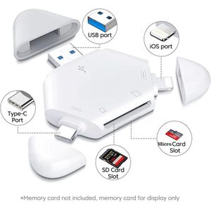 DrPhone CR4 5 in 1 Micro SD/ SD kaartlezer – Lightning & USB C ingang - Geheugenkaartlezer Geschikt voor Lightning/USB A/USB C-apparaten