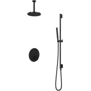 Hotbath Cobber Inbouw Regendoucheset Thermostaatkraan Met 2 Pushbuttons Rond, Plafondbuis 15cm, Hoofddouche 20cm, Staafhanddouche En Glijstang Geborsteld Nikkel