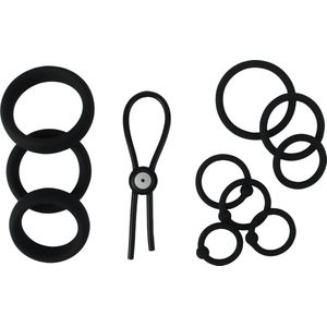 Banoch | Cockring set 11 delig | zwart siliconen en verstelbaar | diameter Ø 25/28/30/32/40/45/50 mm
