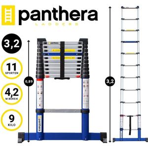 Panthera - Telescoopladder 3,2 meter - Ladders - Aluminium - Max werkhoogte 4,2 meter - Stabilisatievoet - Soft Closing - 12 kg - voor Particulier en Professioneel gebruik