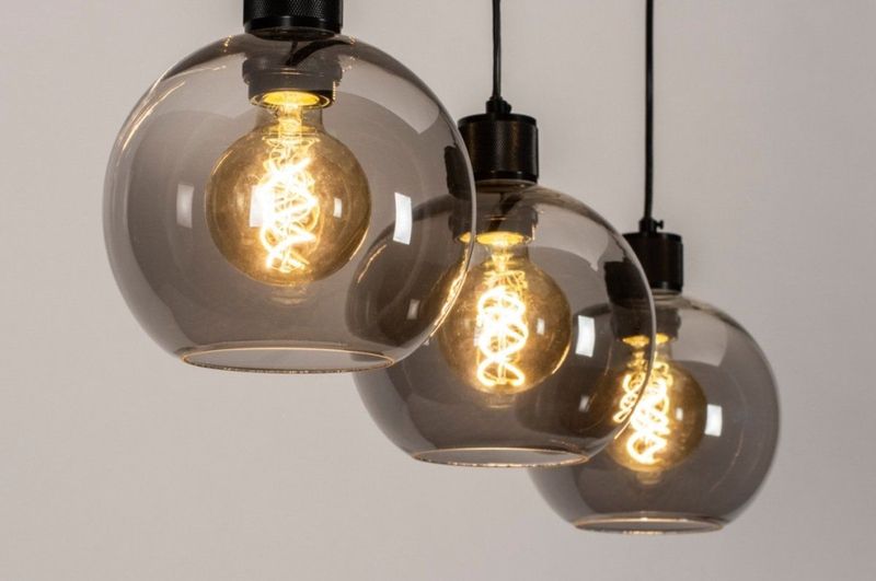 Hanglamp - Rookglas - Drie Bollen - Zwart - Luxe Fittingen
