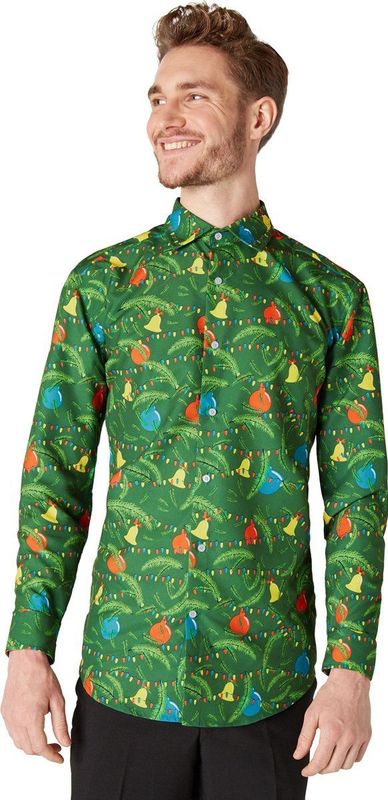 Suitmeister - Slim Fit Overhemd - Groen - Katoen - Kerstboomprint