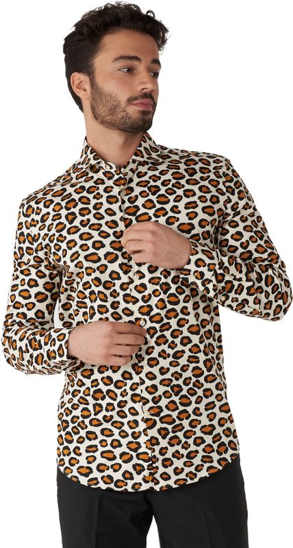 OppoSuits The Jag Shirt - Heren Carnavals Overhemd - Toppers Outfit 2025 - Jaguar Tijger Panter Shirt - Beige - Maat EU 45/46
