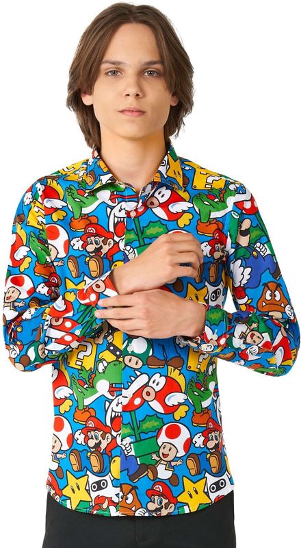 OppoSuits Lange Mouwen Overhemd Super Mario Teen Boys - Tiener Overhemd - Carnavalskleding - Casual Gaming Nintendo Shirt - Meerkleurig - Maat EU 134/140