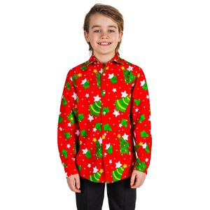 Suitmeister Christmas Trees Stars Red - Kids Kerst Overhemd - Kerst Outfit - Kerst - Rood - Maat S