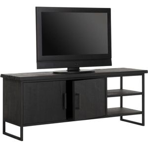 DTP Home TV stand Beam No.2 small, 2 doors, 2 open racks BLACK,55x140x40 cm, recycled teakwood