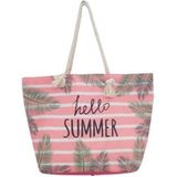 Strandtas roze/wit Hello Summer 54 cm - Strandtassen/schoudertassen roze met wit  - Shoppers/zomer tass