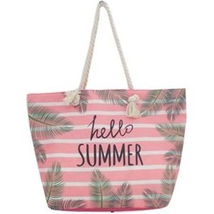 Strandtas roze/wit Hello Summer 54 cm - Strandtassen/schoudertassen roze met wit  - Shoppers/zomer tass