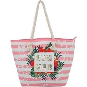 Strandtas roze/wit Summer 54 cm - Strandtassen/schoudertassen roze met wit - Shoppers/zomer tassen