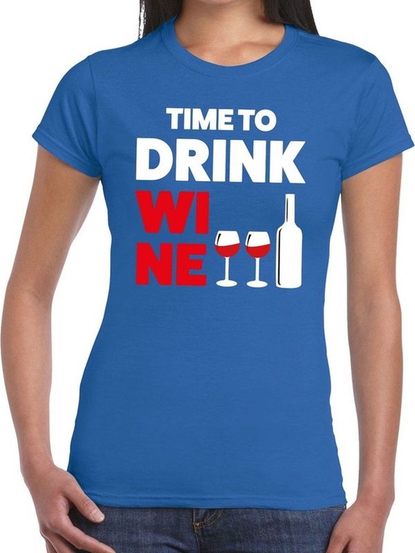 Time to Drink Wine tekst t-shirt blauw dames - dames shirt Time to Drink Wine