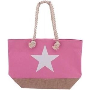 Roze strandtas met witte ster 55 cm - Strandtassen/schoudertassen roze - Shoppers/zomer tassen