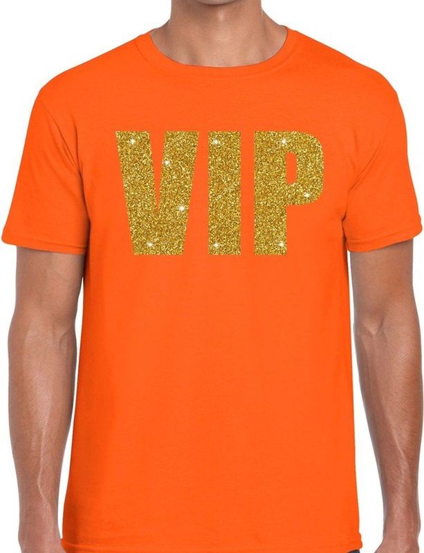 VIP tekst t-shirt oranje heren - heren shirt VIP gouden glitter letters - oranje kleding