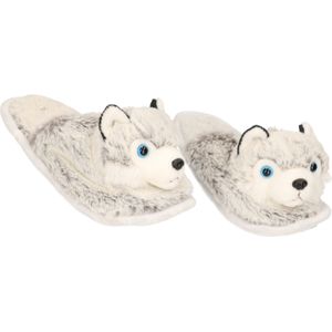 Dieren husky hond sloffen/pantoffels voor kinderen - Jongens/meisjes - Wit - Maat 28-31