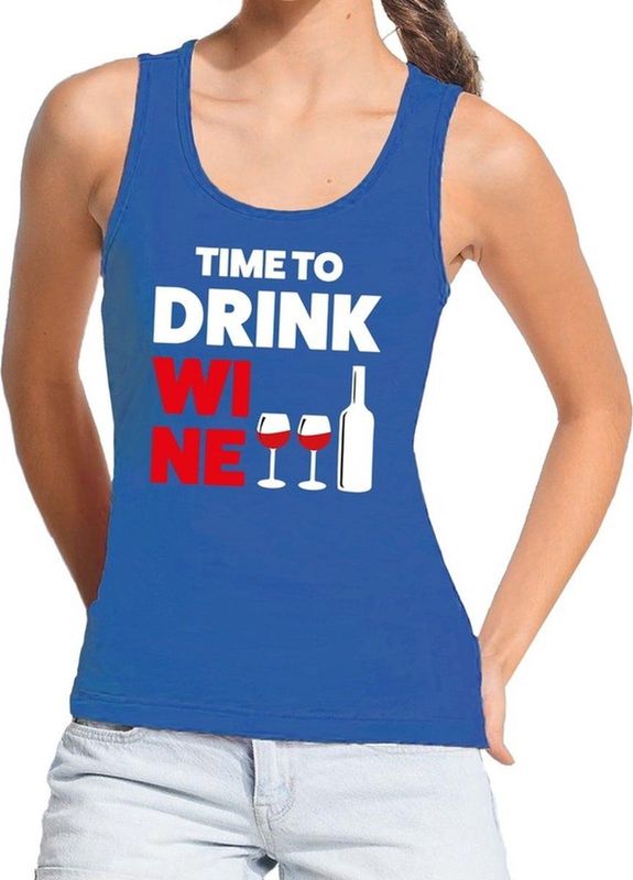 Bellatio Decorations - Tanktop - Blauw - Dames - Time to Drink Wine