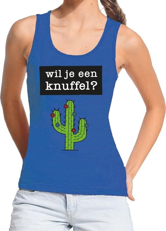 Bellatio Decorations - Tanktop - Blauw - Katoen - Tekst Wil je een Knuffel?