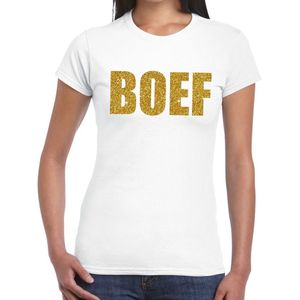 Boef glitter goud tekst t-shirt wit dames - dames shirt Boef in gouden glitter letters