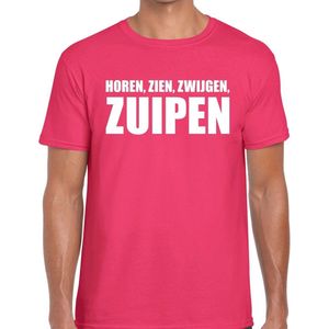 Horen zien zwijgen ZUIPEN tekst t-shirt roze voor heren - heren feest t-shirts