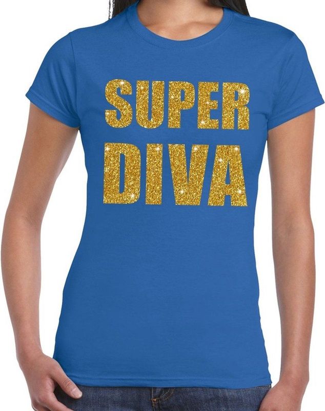 Super Diva gouden glitter tekst t-shirt blauw dames - dames shirt Super Diva