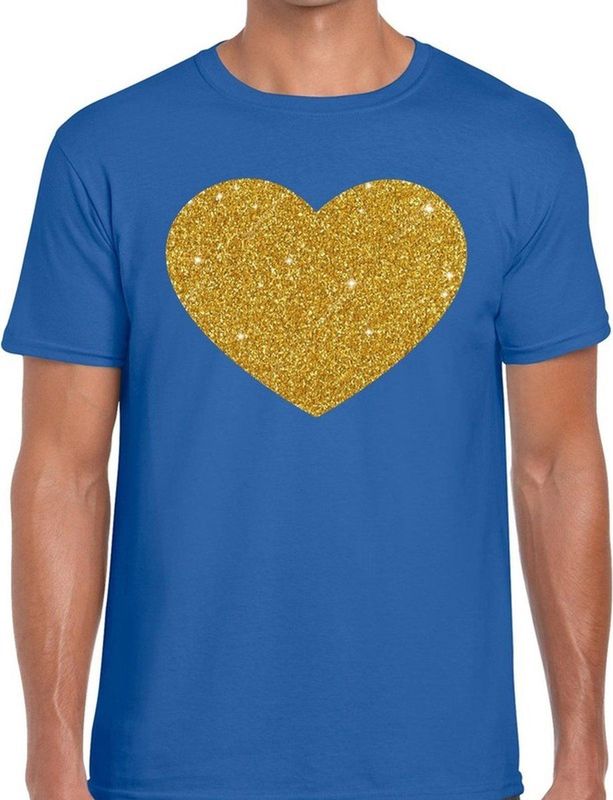 Gouden hart glitter fun t-shirt blauw heren - heren shirt Gouden hart