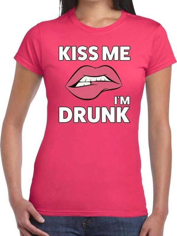 Kiss me I am Drunk t-shirt roze dames - feest shirts dames