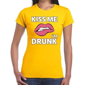 Kiss me i am drunk t-shirt geel dames - feest shirts dames