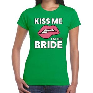 Kiss me i am the bride t-shirt groen dames - feest shirts dames - vrijgezellenfeest kleding M