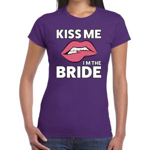 Kiss me i am the bride t-shirt paars dames - feest shirts dames - vrijgezellenfeest kleding XS