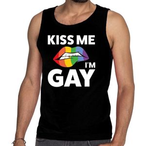 Kiss me i am gay tanktop mouwloos shirt zwart voor heren - Gay pride kleding