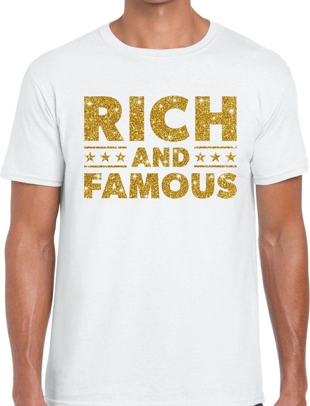 Rich and Famous goud glitter tekst t-shirt wit voor heren