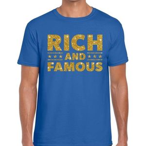Rich and Famous goud glitter tekst t-shirt blauw voor heren