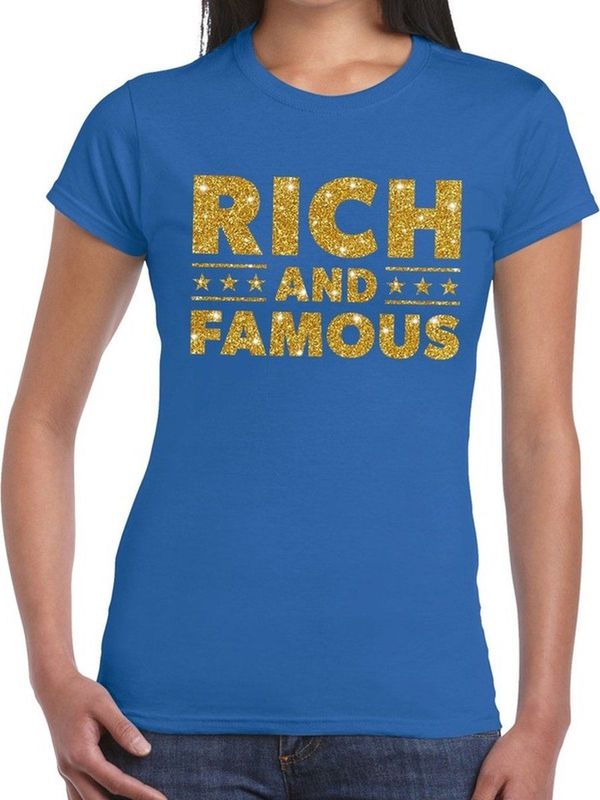 Rich and Famous goud glitter tekst t-shirt blauw voor dames
