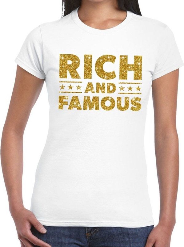 Rich and Famous goud glitter tekst t-shirt wit voor dames