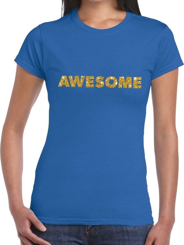 Awesome goud glitter tekst t-shirt blauw voor dames