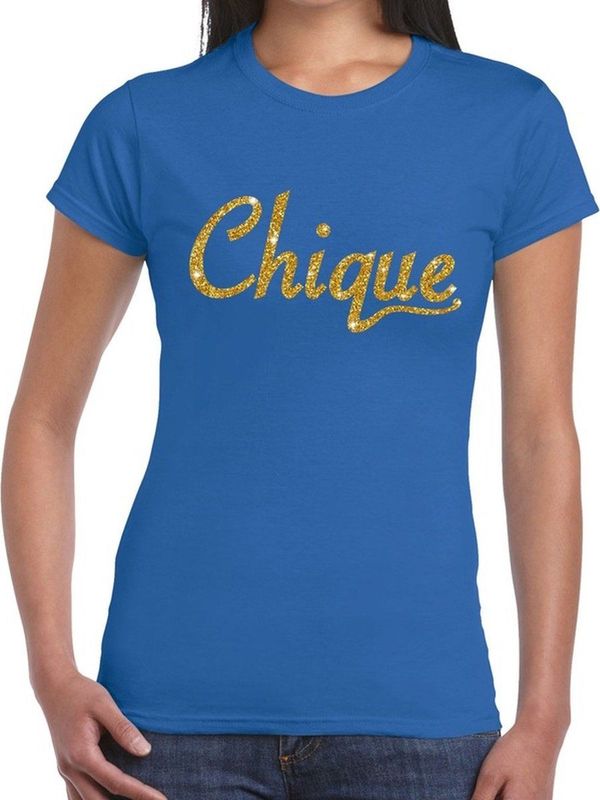 Chique goud glitter tekst t-shirt blauw voor dames