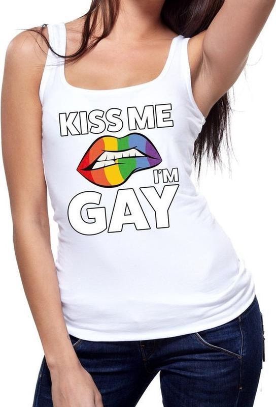 Kiss me i am gay tekst/fun tanktop shirt wit dames