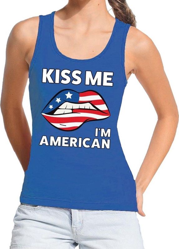Kiss me I am American tanktop mouwloos shirt blauw dames - feest shirts dames - USA kleding
