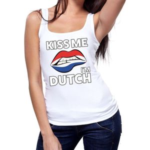 Kiss me I am Dutch tanktop mouwloos shirt wit dames - feest shirts dames - Holland kleding