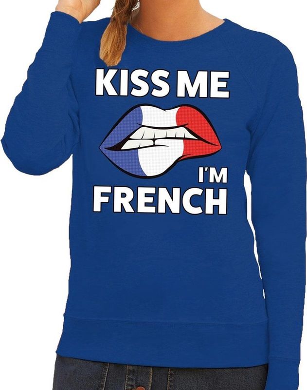Kiss me I am French sweater blauw dames - feest trui dames - Frankrijk kleding