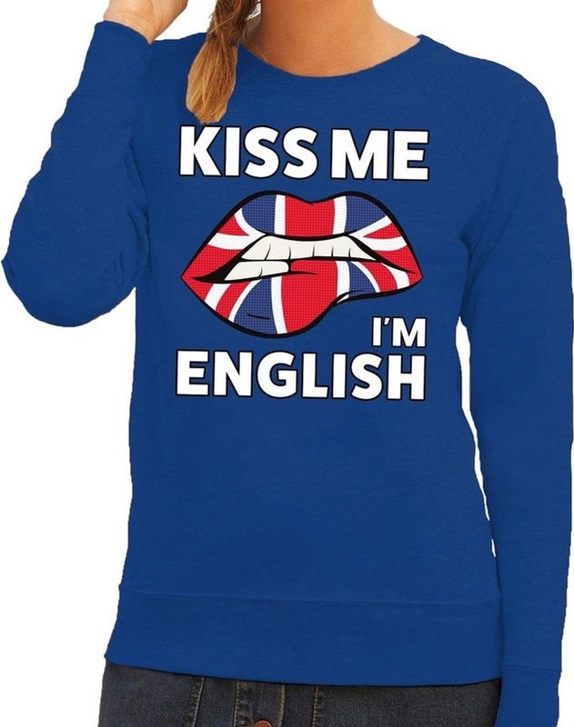 Kiss me I am English sweater blauw dames - feest trui dames - Engeland kleding