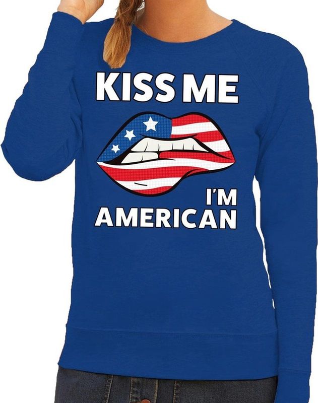 Kiss me I am American sweater blauw dames - feest trui dames - USA kleding